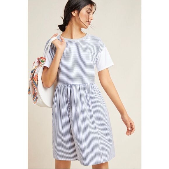 NEW Anthropologie Sunday Blue & White Stripe Short Sleeve Mini Dress Medium - Picture 1 of 3